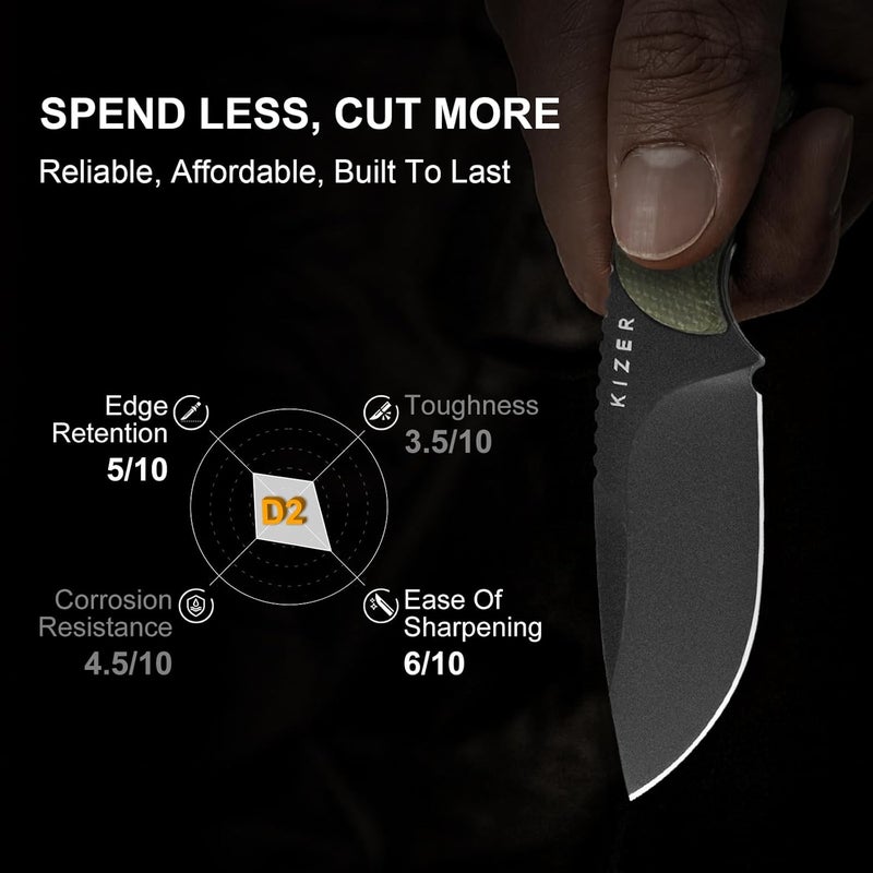 KIZER سكين بادي الثابتة، سكين تخييم من فولاذ D2 بطول 3 بوصات مع مقبض ميكارتا باللون الأخضر الزيتوني، سكاكين ثابتة مدمجة للاستخدام اليومي مع غلاف للتنزه والتخييم 1081M1 - Image 2